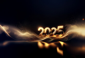 Poster - Glowing gold 2025 digits rest on a dark, shimmering, wave-like surface.  A luxurious and celebratory New Year's design.