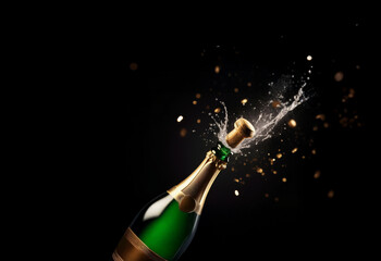 Aufkleber - Champagne bottle popping with a splash of bubbly, gold confetti flying against a dark background.  A celebratory moment captured.