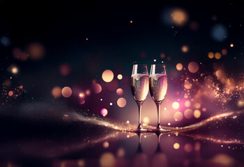 Poster - Two champagne flutes filled to the brim,  sparkling against a backdrop of warm, blurry lights.  Perfect for celebration.