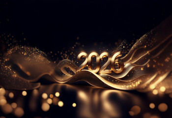 Poster - Golden 2026 numerals shimmer on elegant, flowing fabric.  Sparkling dust motes add to the luxurious, celebratory feel.  Perfect for a New Year's greeting.