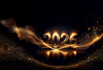 Poster - Glowing gold 2026 digits on a dark background, accented by shimmering light trails and a reflective surface.  A celebratory New Year's image.
