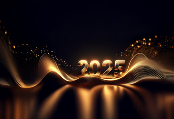 Poster - Glowing golden 2025 digits rest on elegant, flowing, dark gold waves.  Sparkling particles add to the luxurious feel, perfect for a celebratory New Year's greeting.