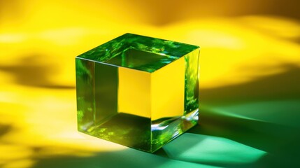 Poster - Green Glass Cube On Yellow Green Surface