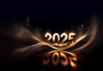 Poster - Glowing golden 2025 digits rest on shimmering, dark fabric waves.  A luxurious, celebratory New Year's design.