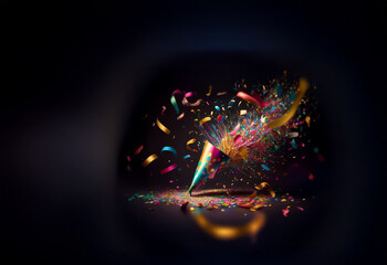 Poster - A party hat explodes, showering colorful confetti and ribbons.  A vibrant celebration captured in a burst of joy and festive spirit.