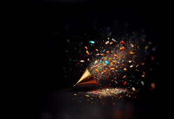 Poster - A golden party horn explodes with colorful confetti, creating a vibrant burst against a dark background.  The scene is dynamic and celebratory.