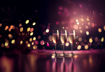 Poster - Three champagne flutes filled with sparkling wine, condensation clinging to the glass, sit on a shimmering surface against a bokeh background of pink and purple lights.  Perfect for celebration.