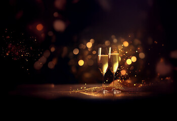 Poster - Two champagne flutes filled with sparkling wine, resting on a glittery gold ribbon against a bokeh background.  A celebratory and luxurious scene.