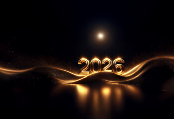Poster - Glowing gold numerals 2026 rest on a shimmering, dark gold wave.  A celebratory image perfect for New Year's greetings.
