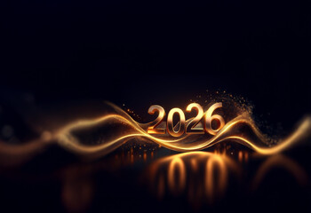 Poster - Golden 2026 numerals shimmer on dark background, adorned with glowing, flowing lines and sparkling particles.  A celebratory, futuristic design.