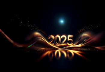 Aufkleber - Glowing golden 2025 digits rest on shimmering, dark waves.  Sparkling particles surround the elegant number, creating a luxurious and celebratory feel.