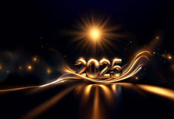 Poster - Golden 2025 numerals shimmer on a dark, flowing fabric, illuminated by dramatic lighting.  A celebratory and luxurious New Year's design.