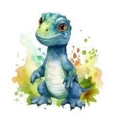 Wall Mural - Cute baby dinosaur in blue colors, watercolor style. AI generate illustration