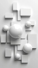Poster - Modern abstract composition with white geometric shapes including spheres and cubes on a light surface.