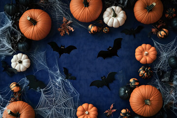 Canvas Print - halloween party background from pumpkins, bats, spider web top view. happy halloween holiday greetin