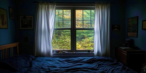 Poster - Bedroom with a blue bed and white curtains