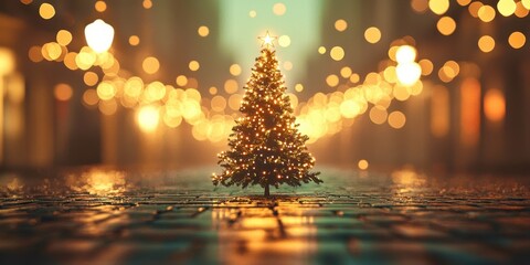 Poster - Small Christmas tree is in the middle of a city street
