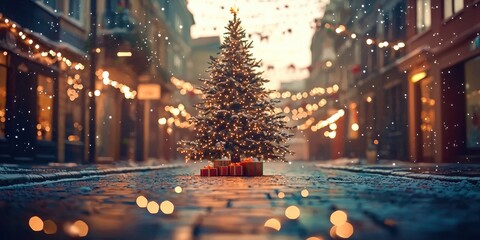 Poster - Christmas tree is in the middle of a city street