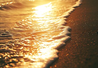 Aufkleber - A serene beach scene with golden sunlight reflecting on gentle waves and soft sand, creating a tranquil and inviting atmosphere.