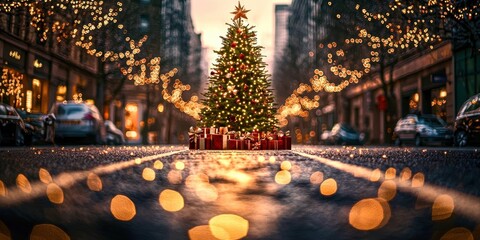 Poster - Christmas tree is in the middle of a city street