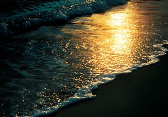 Poster - A serene beach scene showcasing the glimmer of sunlight reflecting off gentle ocean waves at dusk.