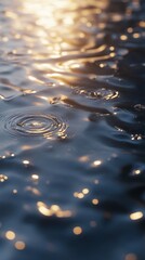 Poster - Close-up of raindrops creating ripples on a reflective water surface at sunset.