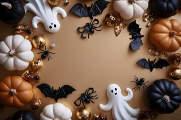 Wall Mural - Halloween holiday frame with party decorations of pumpkins, bats, ghosts, spiders on golden background top view. Happy halloween greeting card in flat lay style.