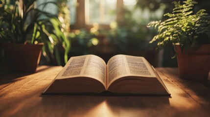 Poster - Open Book Rests on Wooden Table Surrounded by Plants
