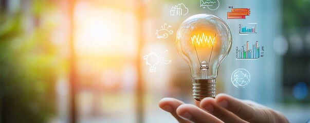 Poster - Businessman holding illuminated light bulb symbolizing innovation and business ideas
