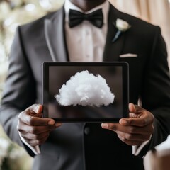 Poster - Hand of businessman showing cloud computing on tablet, Computer system resources and data storage, Cloud service technologies concept.
