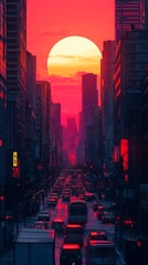 Wall Mural - Cityscape Sunset Traffic Urban Scene Red Glow