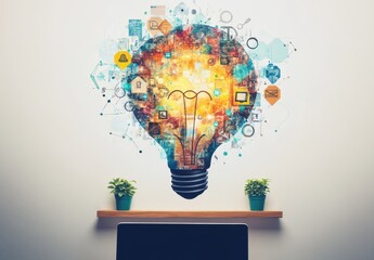 Poster - Creative Concept of a Light Bulb with Colorful Ideas and Digital Icons Representing Innovation, Technology, and Inspiration for Modern Design Projects and Illustrations