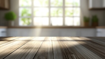 Fototapete - A warm, sunlit kitchen scene features a wooden table in the foreground, with bright windows inviting natural light and greenery in the background.