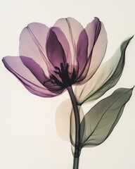 Poster - Delicate Radiance of a Petal: A Stunning X-ray Vision of a Tulip Flower Showcasing Its Ethereal Beauty in Soft Shades of Purple and Green Against a Pale Background