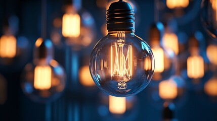 Aufkleber - Glowing lightbulb hangs among many others, creating a warm, inviting atmosphere