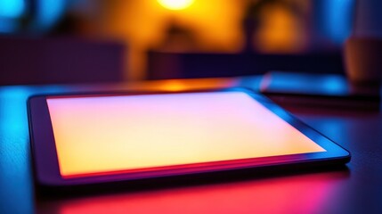 Poster - Illuminated Tablet Displaying Blank Screen in Colorful Room