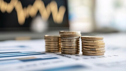 Aufkleber - Stacks of coins representing increasing profit with charts and graphs in background