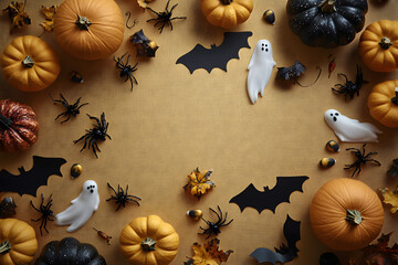 Wall Mural - Halloween holiday frame with party decorations of pumpkins, bats, ghosts, spiders on golden background top view. Happy halloween greeting card in flat lay style.