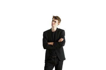 Poster - Thoughtful man insuit with crossed arms, isolated on white background. Closeup of professional or formal concept, minimalistic style