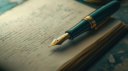 Poster - Elegant Fountain Pen Rests on Antique Book Pages