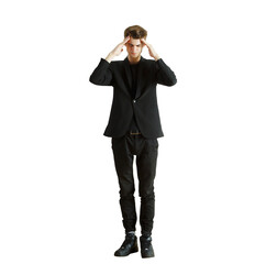 Poster - A young man in asuit and casual shoes standing with his hands on his temples, expressing stress or concentration, on a white background