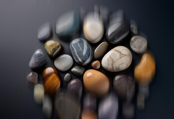 Poster - A collection of smooth, polished stones in varying colors and patterns, arranged in a loose circular formation on a dark background.  The focus is slightly soft, creating a gentle, almost dreamy effec