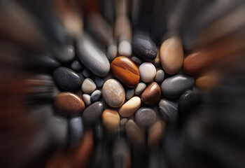 Poster - A captivating close-up of smooth, colorful pebbles arranged in a radial pattern, with a blurred background emphasizing the central stones.  The image evokes a sense of calm and natural beauty.