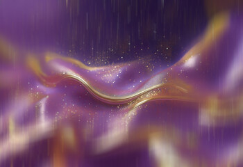 Poster - Golden line curves across a purple, shimmering, abstract landscape.  Rain streaks down a dark background, adding depth and mystery.  Gold dust glitters on the surface.