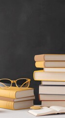 Poster - Stacked books, eyeglasses and open book symbolizing learning