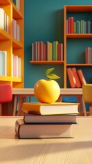 Poster - Books and apple sitting on desk in library setting promoting education and learning