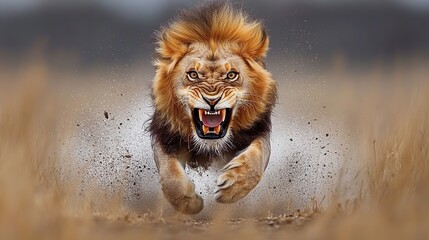 Poster - A majestic male lion with a full mane charges forward, mouth open in a roar, dirt and dust flying around its paws.