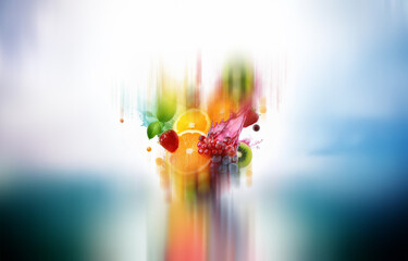 Poster - Fresh fruit splashing into water against a white background.