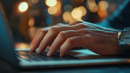 Poster - Close-up of male hands typing on laptop keyboard at night.