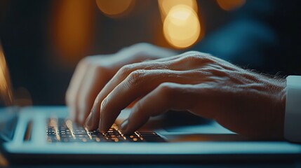 Poster - Close-up of hands typing on a laptop keyboard at night.